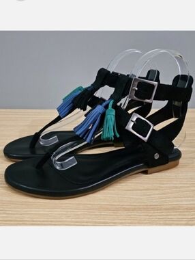 UGG Lecia Gladiator Tassel Sandal Buckle Women Black Suede Leather Shoe Size 5.5